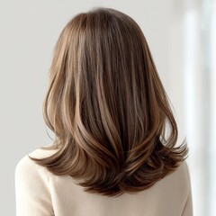 Fototapeta premium Back view of a woman showcasing medium-length wavy brown hair with smooth texture and natural waves.