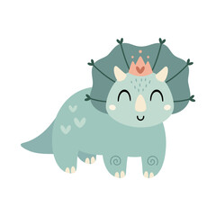Cartoon triceratops dinosaur clipart. Cute dino girl character in pastel colors. Vector  illustration