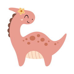 Cute pink dinosaur girl clipart, isolated cartoon jurassic character. Vector illustration