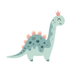 Cartoon dinosaur princess clipart. Cute dino girl character in pastel colors. Vector  illustration