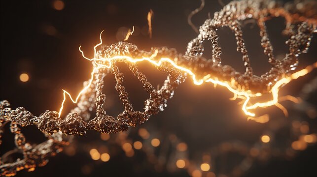 Glowing DNA helix with neural-patterned strand, symbolizing biological complexity.