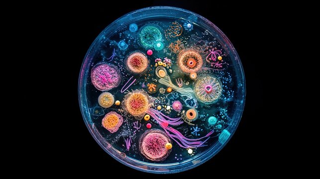 Glowing Petri dish overflowing with vibrant abstract representations of scientific concepts.