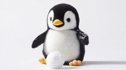 Fototapeta premium An adorable plush baby penguin toy dusted with snow, ready for a snowball fight on a clean, isolated white background.
