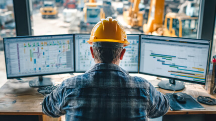 Construction project manager analyzing schedules on multiple monitors in an office