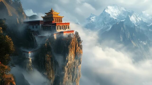 Golden Tibetan temple illuminated by sunlight on dramatic cliff edge, surrounded by snowy Himalayan mountains and drifting clouds, symbol faith resilience culture, spiritual wonder in timeless scenery - Powered by Adobe