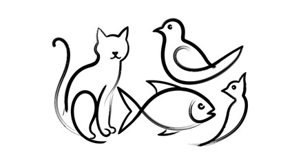 Obraz premium Charming vector illustration of a cat fish and birds interacting playfully