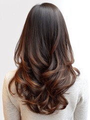 Naklejka premium This image shows long wavy hair with natural brown highlights, presenting a smooth and elegant texture.