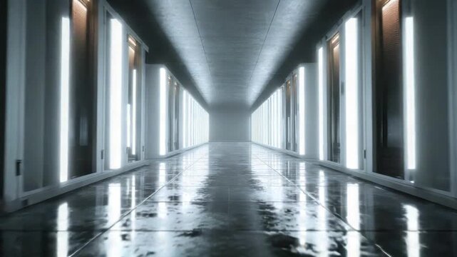 A futuristic, minimalist hallway bathed in bright light, with wet floor reflections and parallel lines