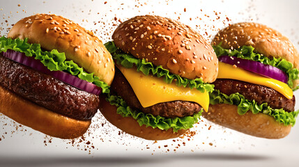 Food Photography, hamburger burger flying in the air, delicious food, deliciousness, promotion, sales, posters, banners