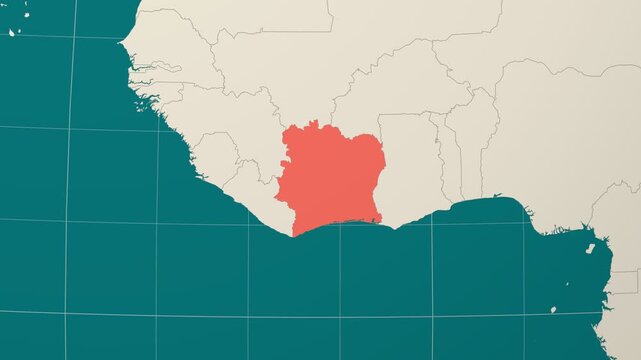 Cote d'Ivoire map. Animated zoom into the country on the Globe in Teal Pale Mint color palette. Country logo animation. Map with meridians, parallels. Artistic video.