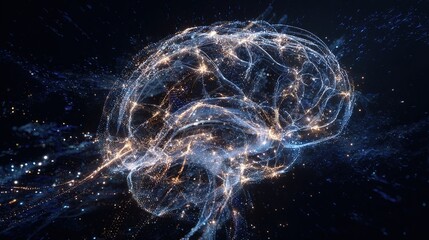 An abstract visualization of a human brain silhouette with intricate, glowing neural pathways on a dark cosmic background.