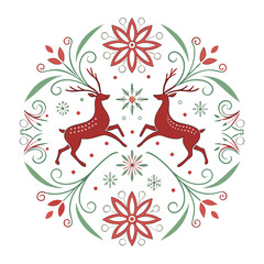 Festive Reindeer Ornament: Two graceful reindeer leap playfully within a circular frame adorned with elegant floral and snowflake patterns, radiating the joyous spirit of the season.