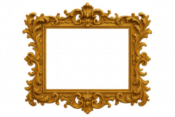 Ornate gold picture frame with baroque rococo style, antique decorative border, empty on transparent background