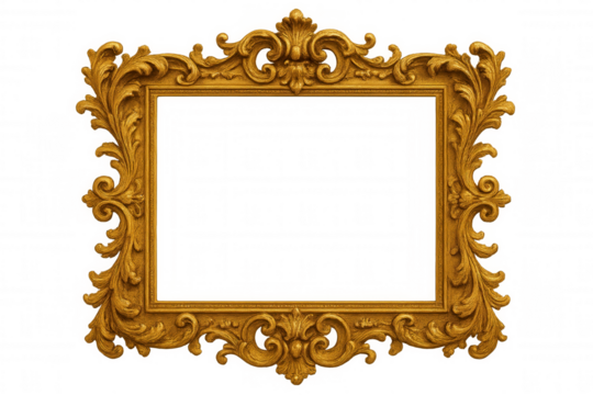 Ornate gold picture frame with baroque rococo style, antique decorative border, empty on transparent background