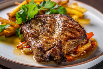 Closeup of grilled pork steak with vegetables and fries