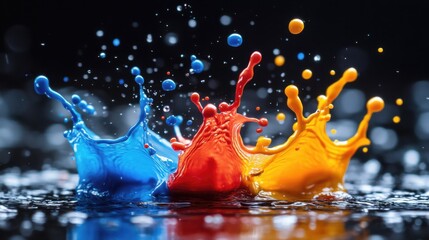 Colored Paint Splashes with Droplets on Dark Surface