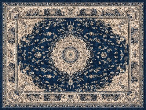 a pale gold and navy blue rug with an intricate design in the center