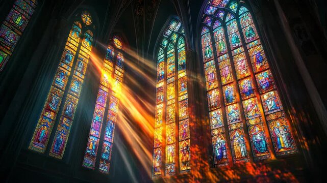 Ultra-detailed cathedral stained glass windows glowing with radiant sunlight symbolizing spirituality, history religion architecture faith, Christianity, art divine light prayer and sacred inspiration