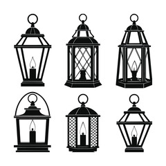 Collection of six vintage silhouette style lanterns with glowing candle illumination © Mofajjol