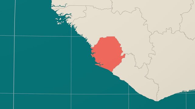 Sierra Leone map. Animated zoom into the country on the Globe in Teal Pale Mint color palette. Country logo animation. Map with meridians, parallels. Classic video.