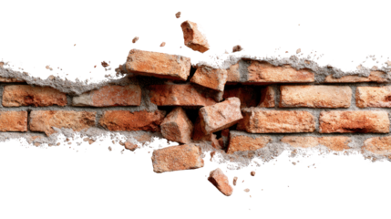 Close-up of brick wall with visible crack showing rough texture and weathered surface isolated on white background