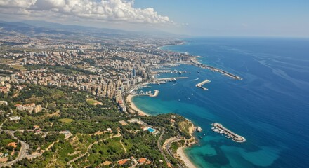 Obraz premium Aerial view of beirut city with coastline and mediterranean sea.