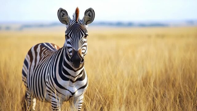 In Africas golden grasslands zebra stands out as a symbol of wilderness. Its striking stripes and graceful movements embody natures artistry and represent the harmony of biodiversity in its ecosystem
