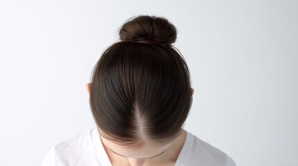Close-up shot shows a woman with neatly arranged hair in a simple bun, highlighting the sleek and tidy hairstyle.