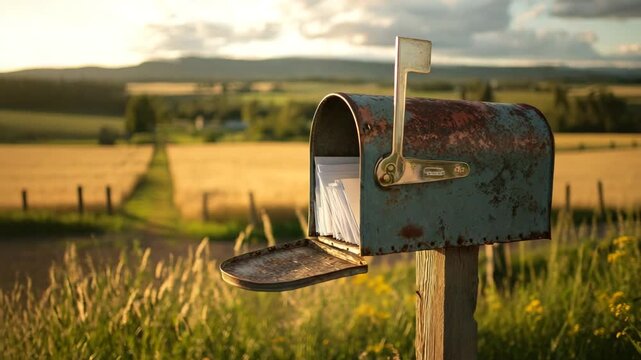 Ultra HD Rustic mailbox filled with letters stands in a field at sunset rural area video, old mailbox video, old rusty letterbox video, old rusty mailbox video