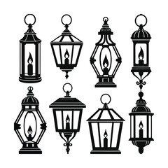Collection of vintage silhouette lanterns with glowing candle flames