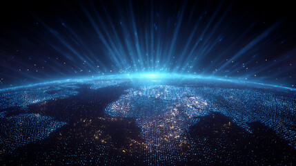 宇宙から見た地球の美しい夜景と光の放射