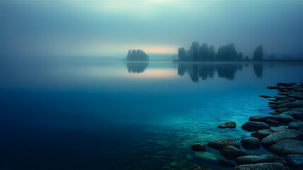 霧に包まれた静かな湖と石の岸辺の風景