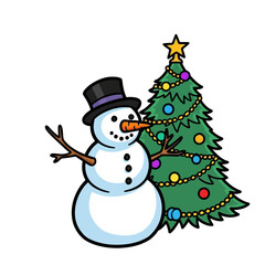 A cheerful snowman with a top hat stands beside a decorated Christmas tree, evoking holiday spirit and winter celebrations with festive ornaments.