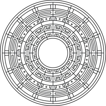 Vector geometric circular grid ornament inspired by Beijing traditional architecture, decorative symmetry pattern