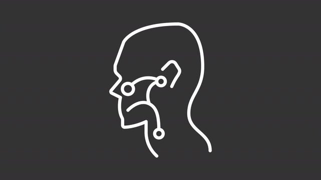 Otorhinolaryngology white line animation. Throat treatment animated icon. Scaling dots. Human anatomy, biology. Health care. Isolated element on dark background. Alpha transparent video
