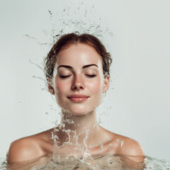 A close-up of a beautiful woman with closed eyes and a gentle smile, against an empty background, with soft splashes of water around her and open space in front of her face
