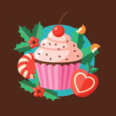 A festive cupcake with pink frosting, a cherry, holly, and a candy cane, perfect for holiday celebrations and sweet treats.