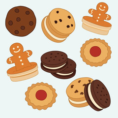 A collection of various delicious cookies, including chocolate chip, sandwich, and gingerbread men, displayed on a light blue background.