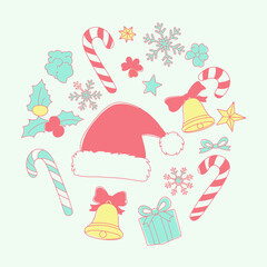 A festive illustration featuring a Santa hat, candy canes, bells, snowflakes, and a gift box arranged in a circular pattern, perfect for Christmas.