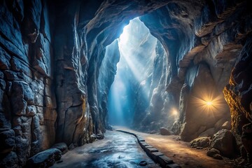 Mysterious ancient cave passage with glowing light shafts and torchlight illuminating the path