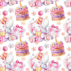 Plush bunny toy in dress, party hat, cake, gift box with ribbon bow. Hand drawn watercolor illustration isolated on white. Pastel seamless pattern for children's birthday party design, textile, prints