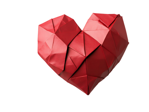 PNG file A captivating close-up of a handmade origami heart, rendered in a vibrant red hue on transparent background PNG, easy to use. - Powered by Adobe