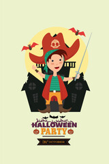a cartoon pirate with a sword and a halloween party banner