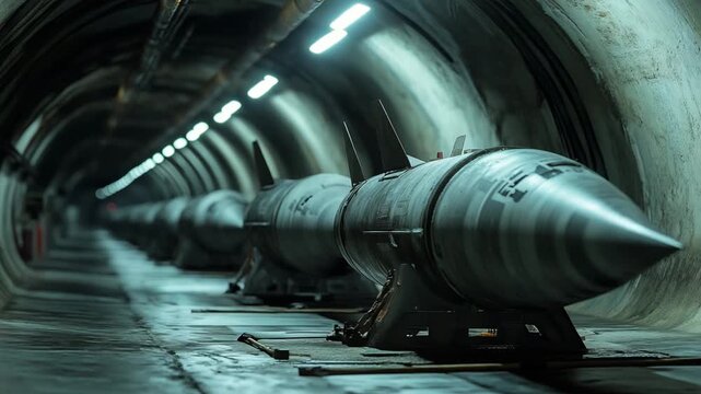 Ultra HD Long row of nuclear missiles in an underground tunnel, ready for launch video