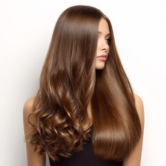 Naklejka premium Showcases long brown hair with elegant waves, highlighting beauty and fashion in a stylish manner.