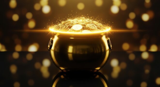 A glistening golden pot overflows with bright coins symbolizing immense wealth and prosperity