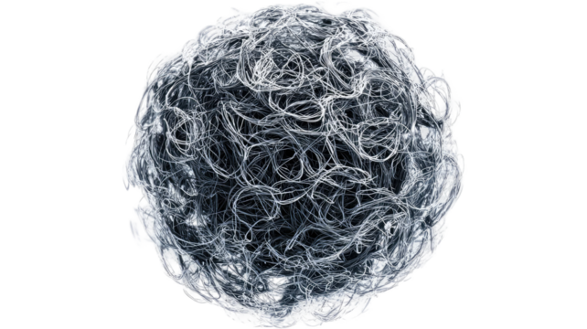 Chaotic scribble sphere forming abstract pattern with tangled black lines and dynamic artistic texture isolated on white background