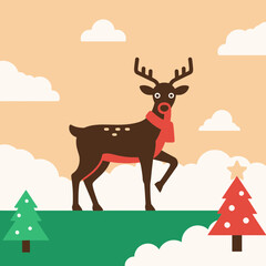 A charming illustration depicts a reindeer wearing a red scarf, standing proudly amidst Christmas trees and fluffy white clouds in a whimsical winter scene.