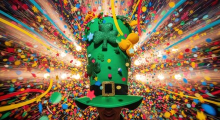 Festive Green Leprechaun Hat Celebrating Saint Patricks Day with Explosive Colorful Confetti Fun