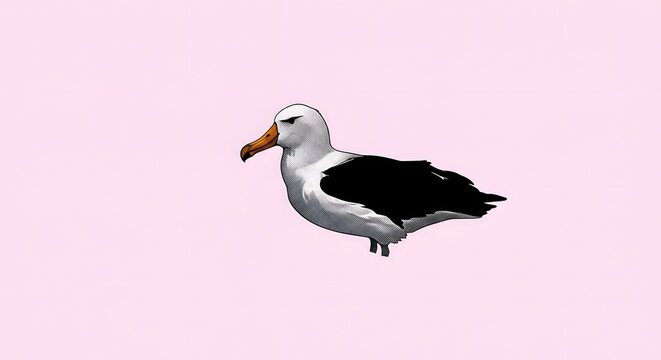 A digitally rendered seagull, side view, white head, orange beak, black wings against pink